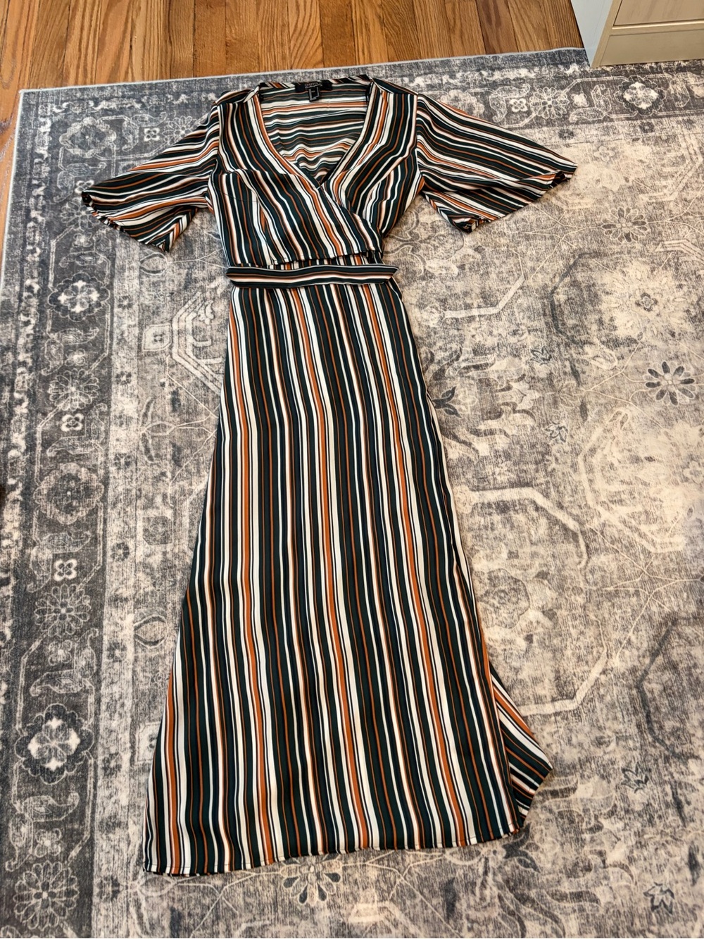 Forever 21 Vertical Striped Maxi Dress in White, Brown & Green